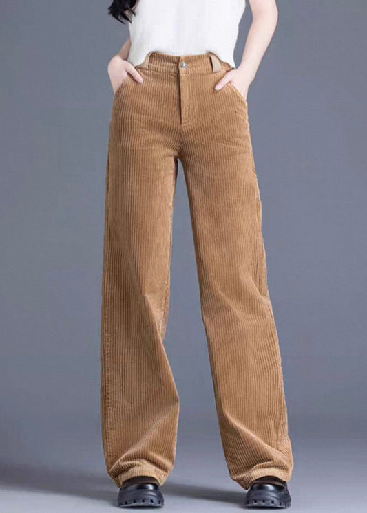 Khaki Button Pockets Corduroy Spring Pants High Waist