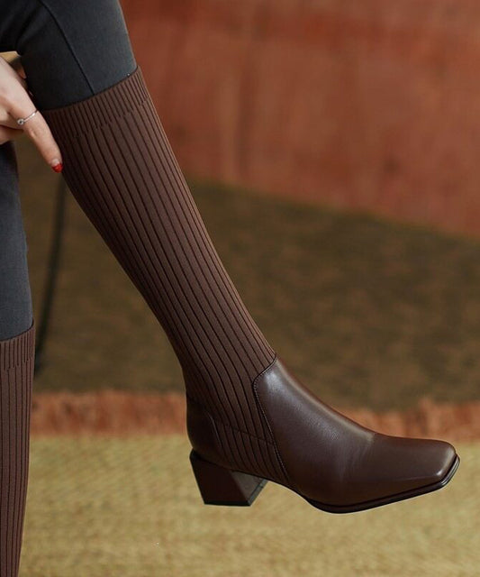 Khaki Chunky Heel Knitted Splicing Faux Leather Knee Boots