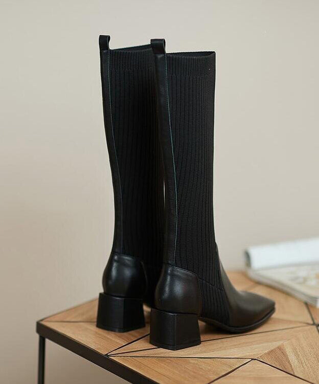 Khaki Chunky Heel Knitted Splicing Faux Leather Knee Boots