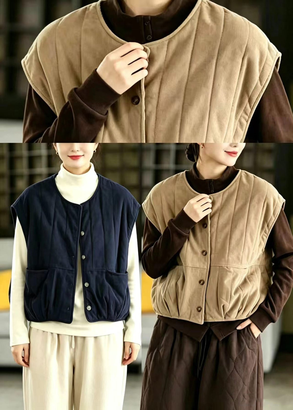 Khaki Corduroy Cotton Filled Waistcoat O-Neck Winter