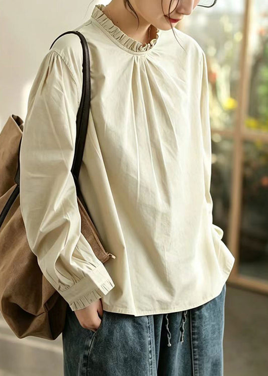Khaki Cotton Shirt Top O-Neck Ruffled Long sleeve