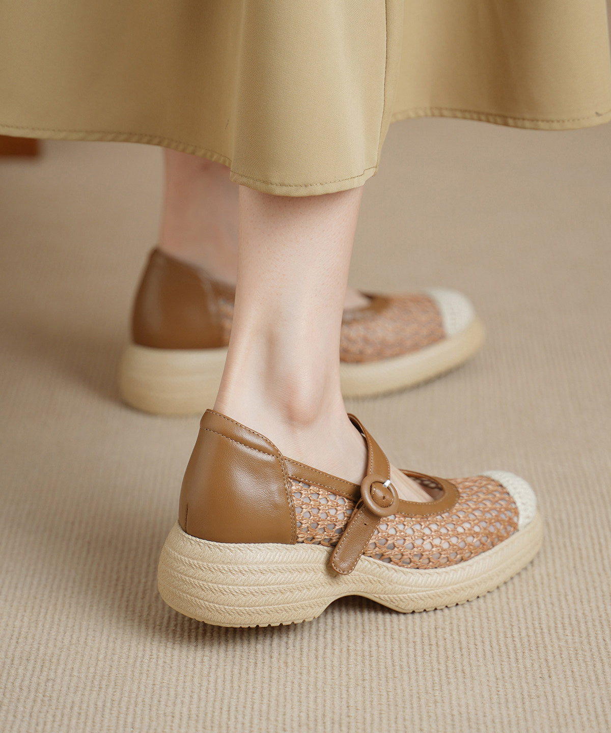 Khaki Flats Knit Fabric Comfy Buckle Strap Flat Shoes For Women