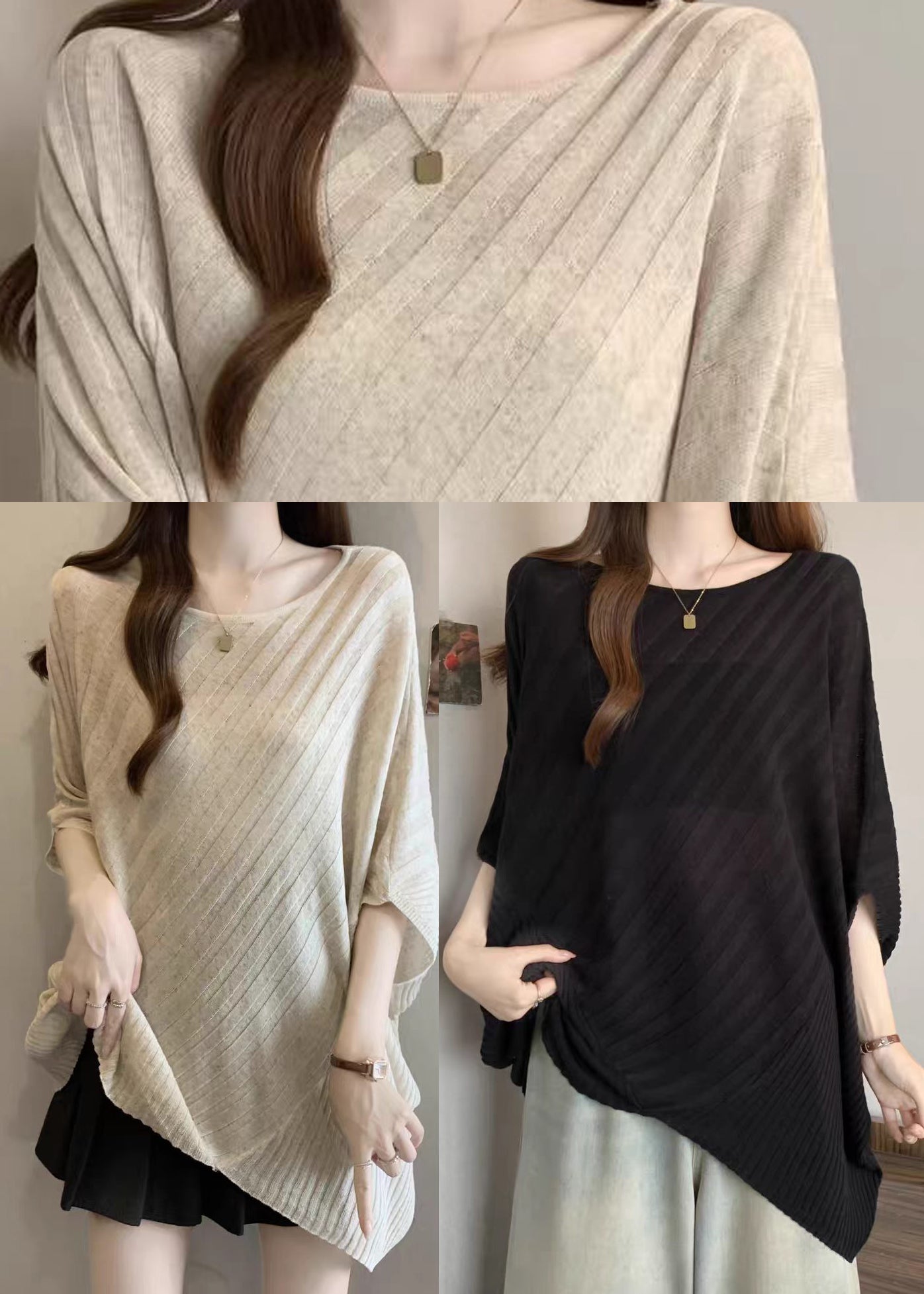 Khaki Knit Top O-Neck Asymmetrical Batwing Sleeve