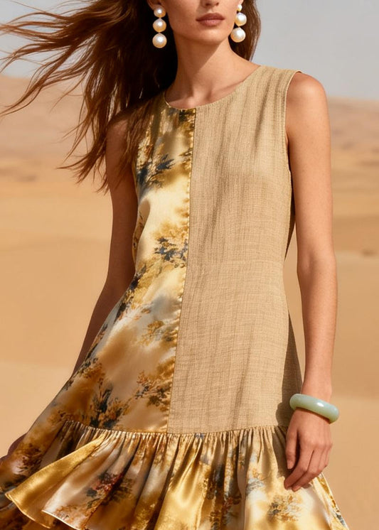 Khaki Patchwork Linen Silk Party Dress Ruffled Asymmetrical Design Summer