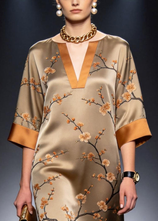 Khaki Patchwork Silk Long Dress Plum Blossom Print Summer