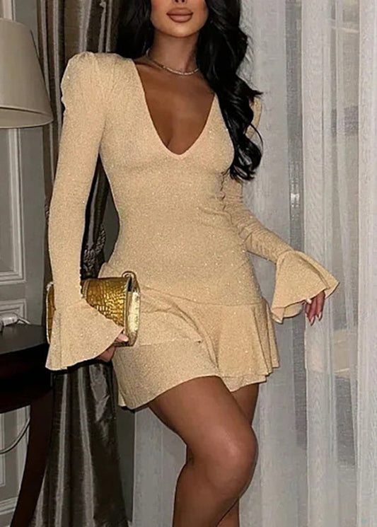 Khaki Patchwork Silk Vacation Mid Dresses Flare Sleeve