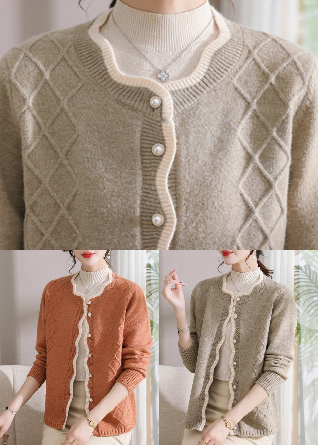 Khaki Plaid Patchwork Cotton Knit Coats Fall