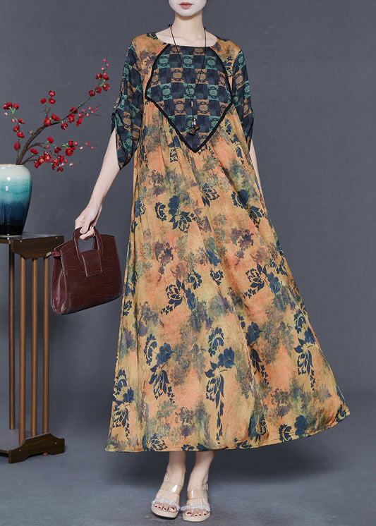 Khaki Print Silk Holiday Dress Oversized Spring