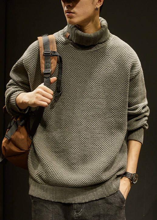 Khaki Solid Cotton Knit Winter Men Sweater Turtleneck