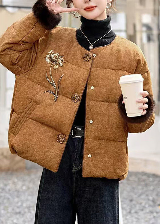 Khaki Thick Duck Down Down Coat Embroidered Winter