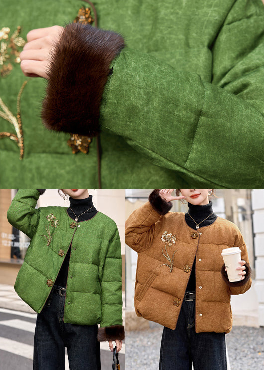 Khaki Thick Duck Down Down Coat Embroidered Winter