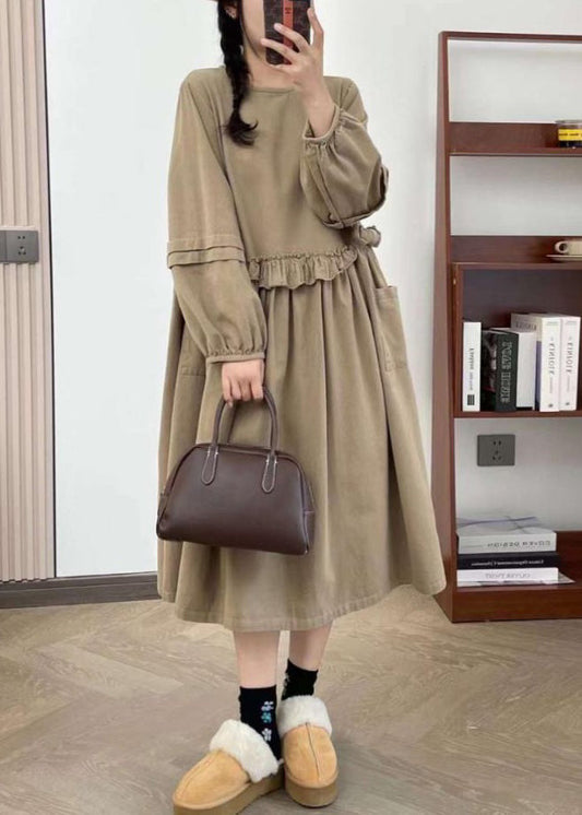 Khaki Wrinkled Cotton Long Dress O Neck Long Sleeve