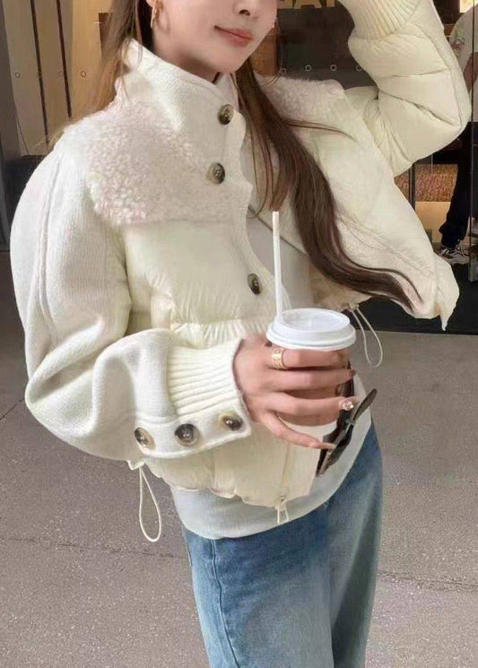 Khaki Zippered Drawstring Patchwork Duck Down Coat Stand Collar