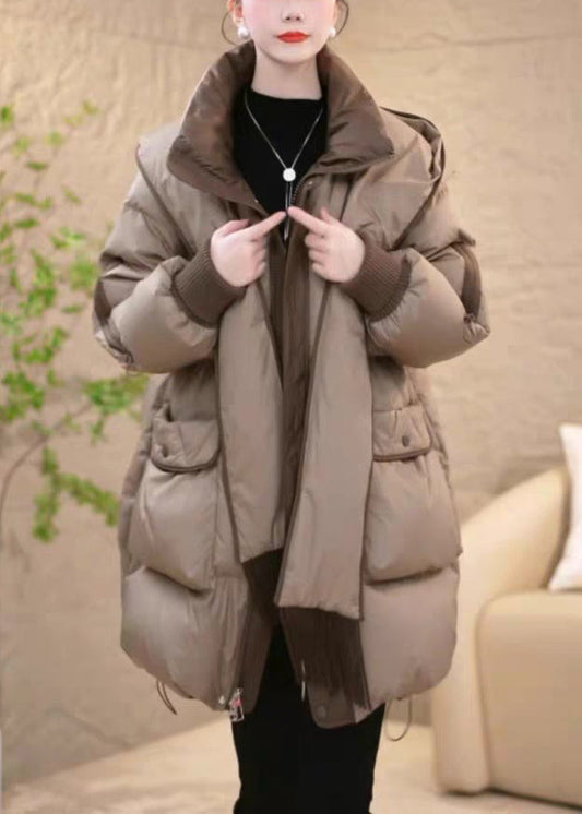 Khaki Zippered Drawstring Removable Patchwork Duck Down Down Coat Hooded