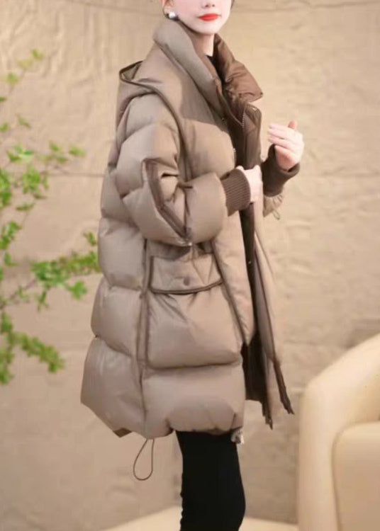 Khaki Zippered Drawstring Removable Patchwork Duck Down Down Coat Hooded
