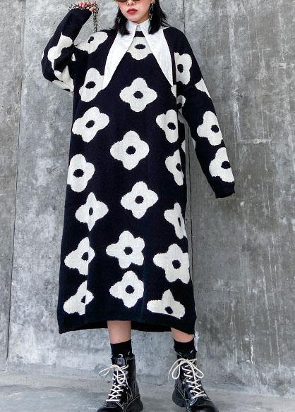 Knitted black print Sweater Aesthetic Women o neck baggy knit dress - SooLinen
