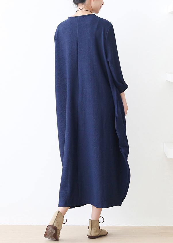 Knitted blue Sweater dress outfit plus size o neck pockets Mujer fall sweater dresses - SooLinen