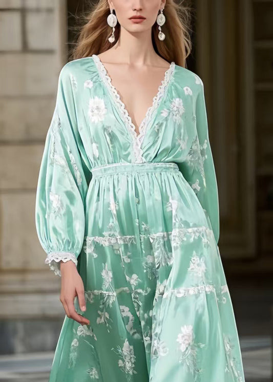 Lake Green Print Silk Long Dresses Deep-V Neck Spring