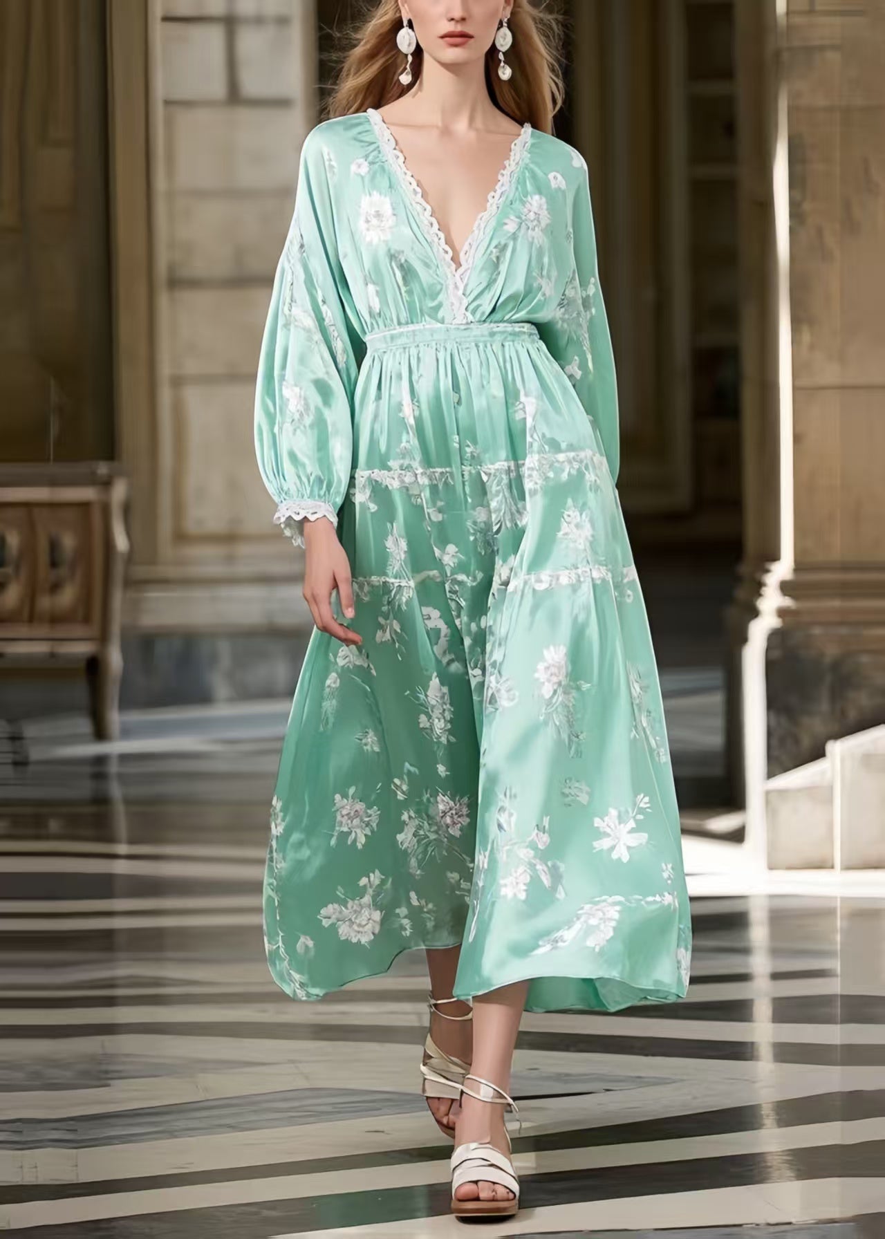 Lake Green Print Silk Long Dresses Deep-V Neck Spring