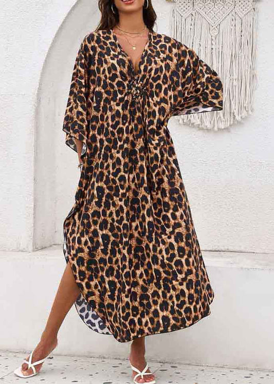 Leopard Print Chiffon Vacation Dress Oversized Side Open Summer