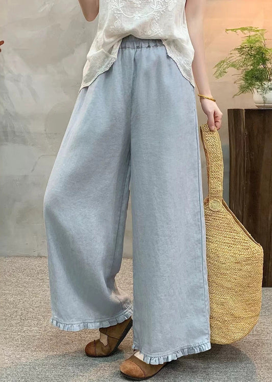 Light Blue Linen Wide Leg Pants Ruffled Summer