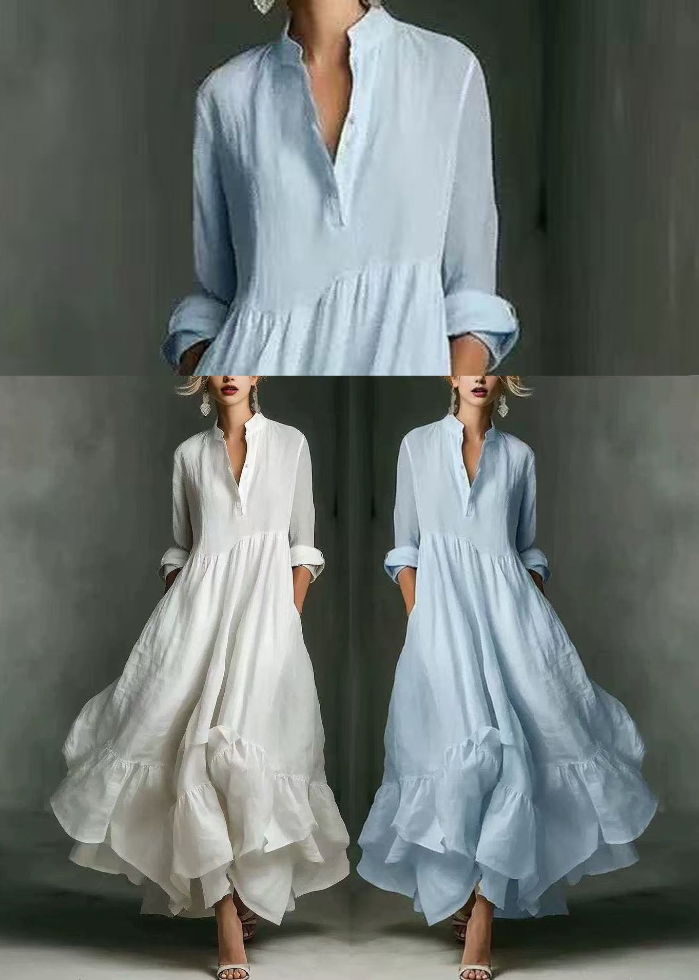 Light Blue Long Dress V Neck Asymmetrical Exra Large Hem Bracelet Sleeve