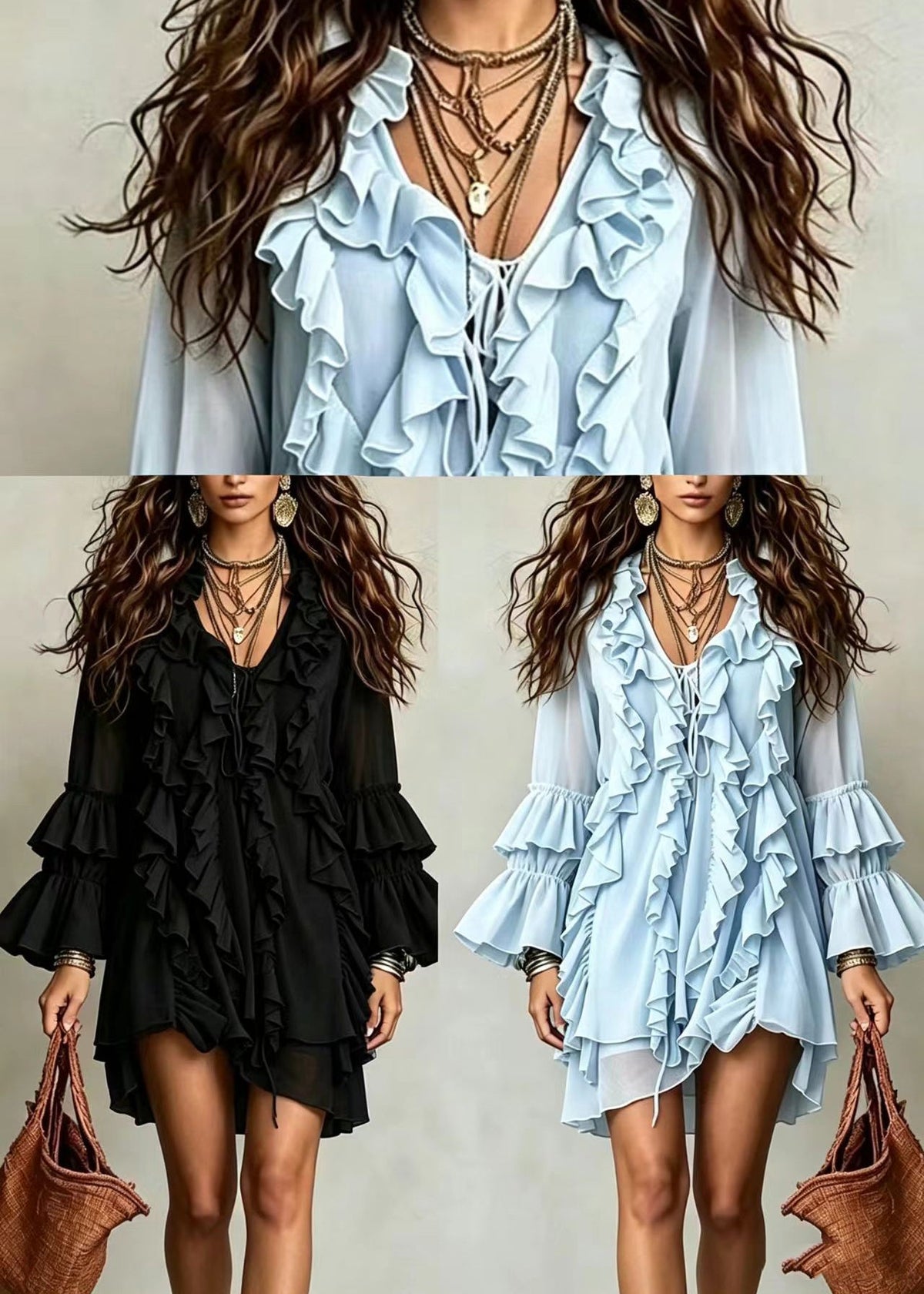 Light Blue Mini Dress V Neck Ruffled Lace Up Fall