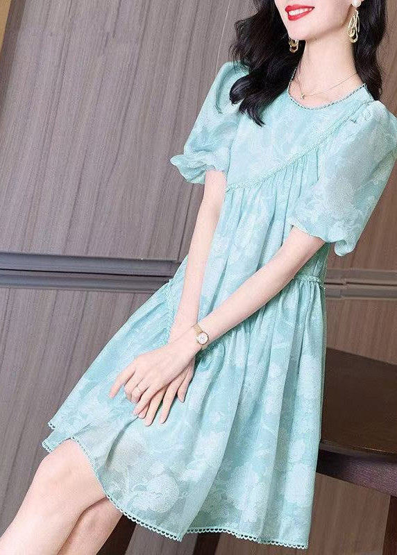 Light Blue O-Neck Wrinkled Mid Dress Puff Sleeve