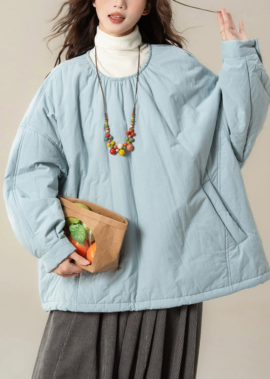 Light Blue Pockets Oversized Cotton Filled Winter Parkas O Neck