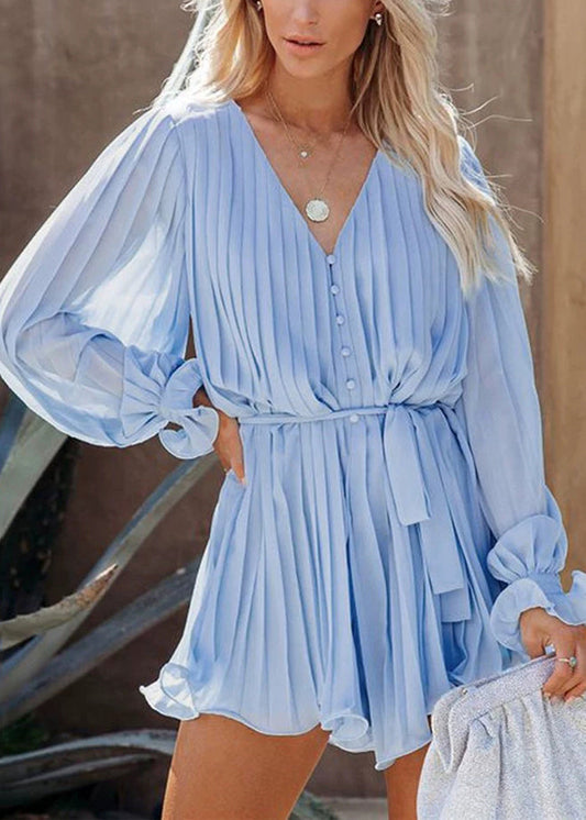 Light Blue Tie Waist Mid Dress Lantern Sleeve