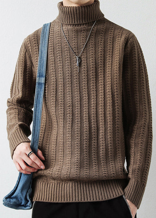 Light Camel Solid Cotton Knit Men Sweaters Pullover Turtleneck