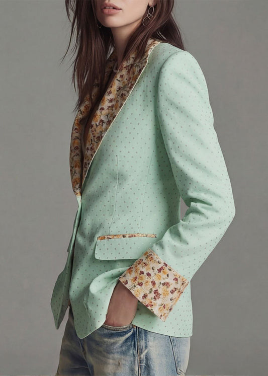 Light Green Dot Print Patchwork Cotton Suit Coat Peter Pan Collar Fall