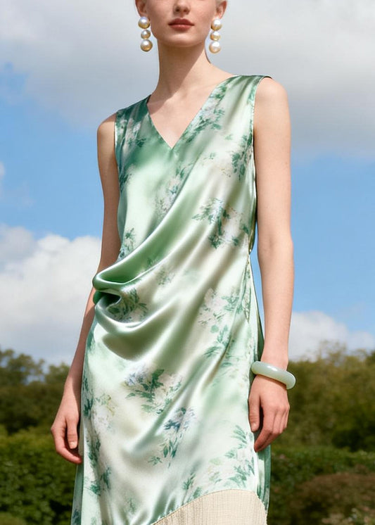 Light Green Patchwork Linen Silk Long Dress Print Sleeveless