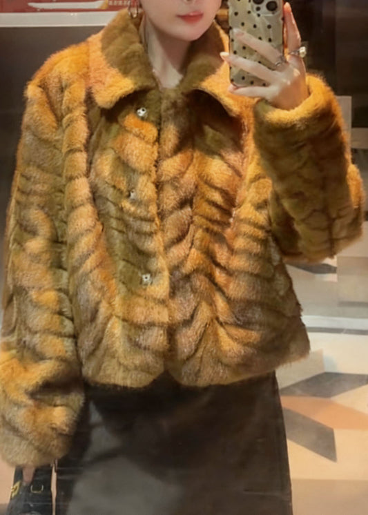 Light Yellow Patchwork Button Mink Hair Coats Long Sleeve