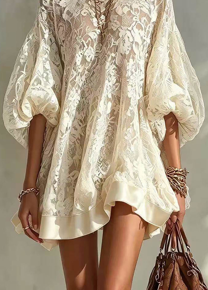Loose Apricot O-Neck Lace Mini Dress Puff Sleeve