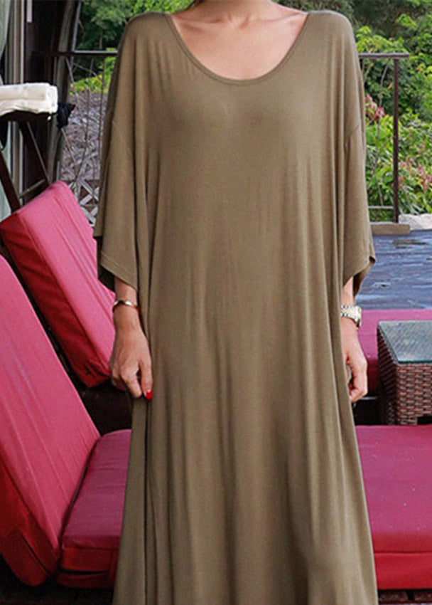 Loose Army Green O-Neck Cotton Dress Three Quarter Sleeve
