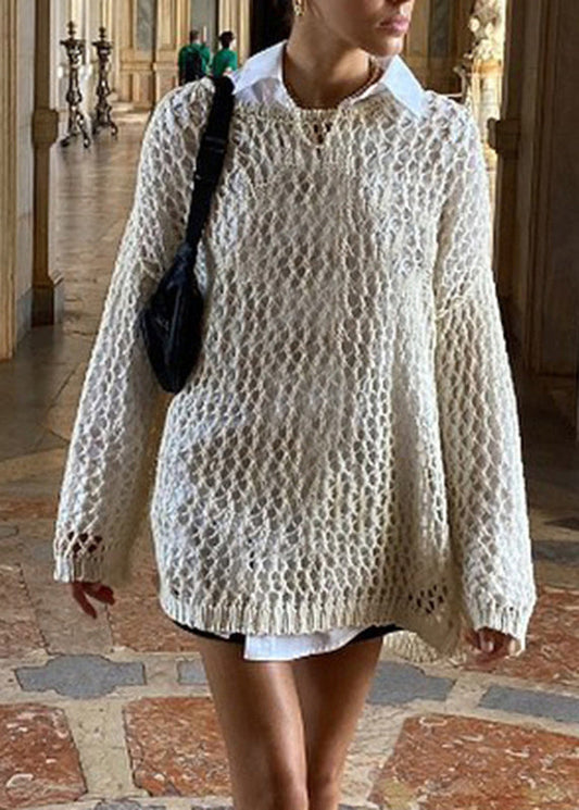 Loose Beige Hollow Out Solid Knit Sweater Summer