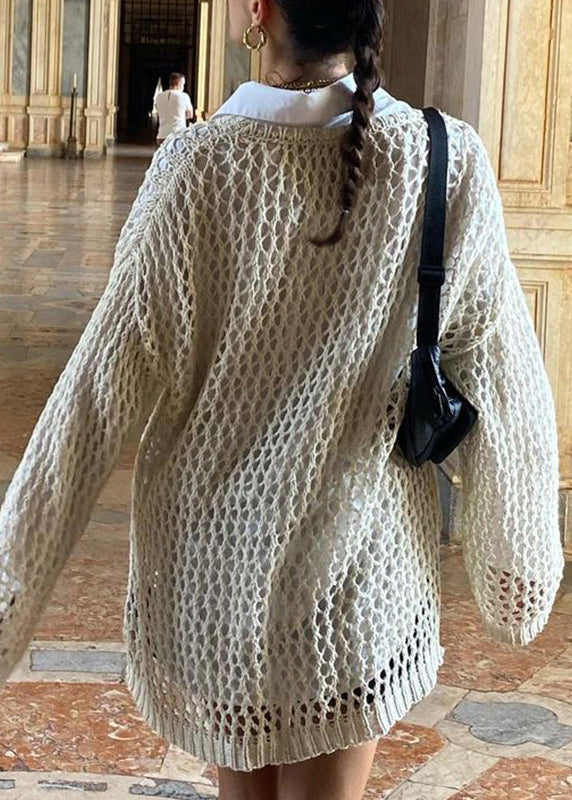 Loose Beige Hollow Out Solid Knit Sweater Summer