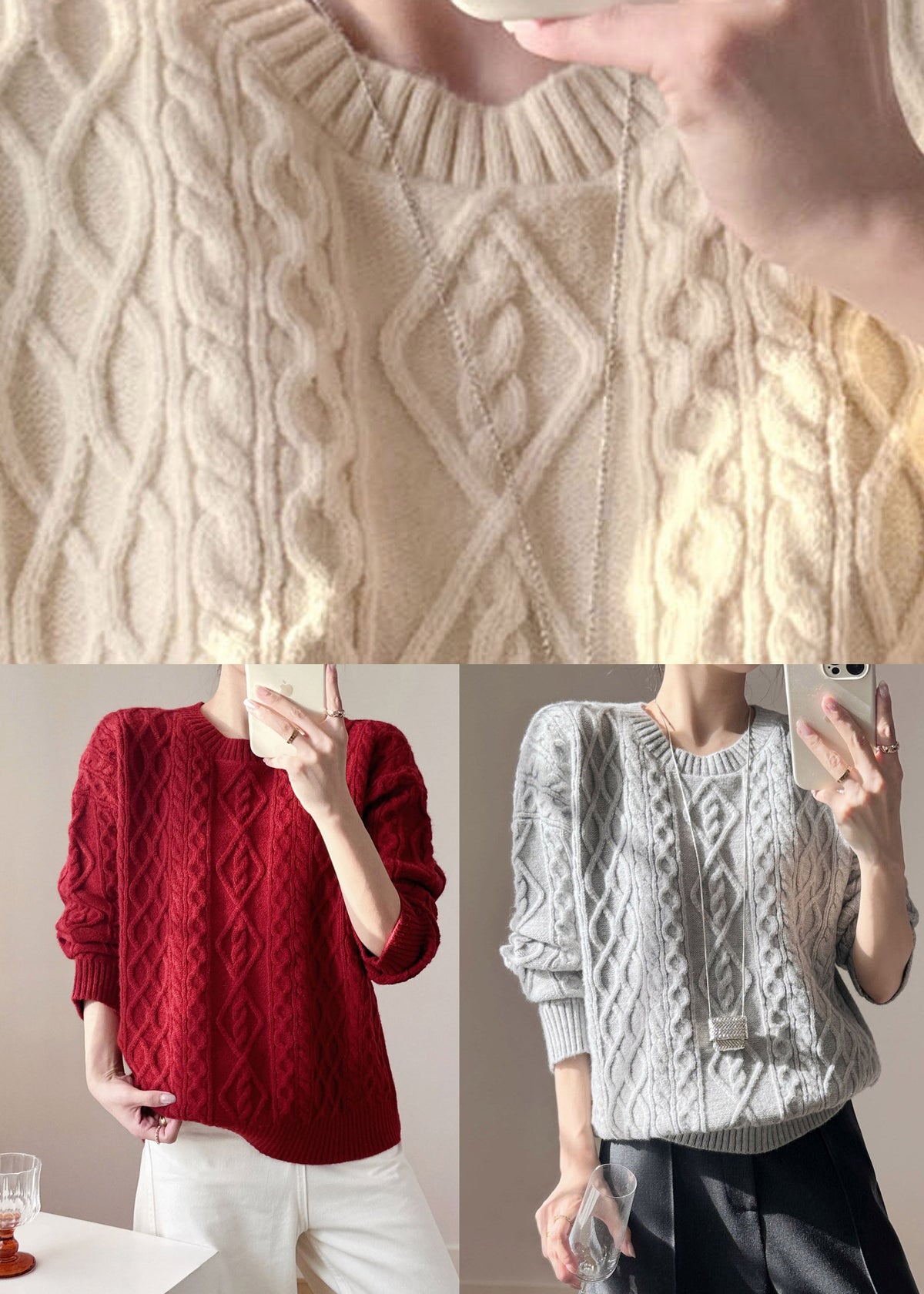 Loose Beige O-Neck Cotton Knit Sweater Tops Long Sleeve