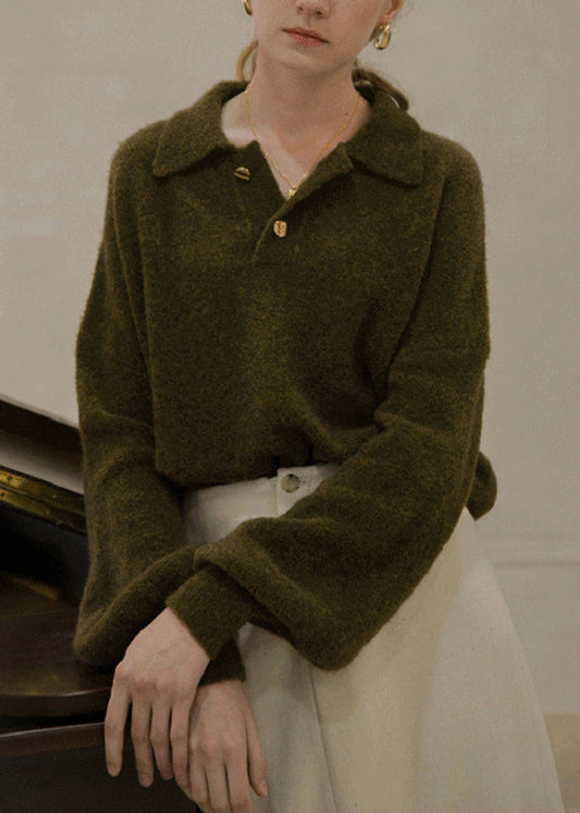 Loose Beige Peter Pan Collar Button Cotton Knit Top Fall