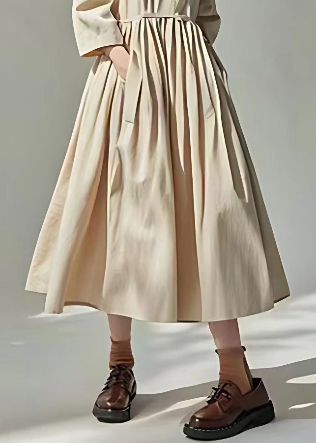 Loose Beige Peter Pan Collar Pockets Wrinkled Cotton Dress Long Sleeve