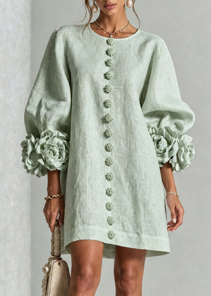 Loose Beige White O-Neck Stereoscopic Floral Dress Lantern Sleeve