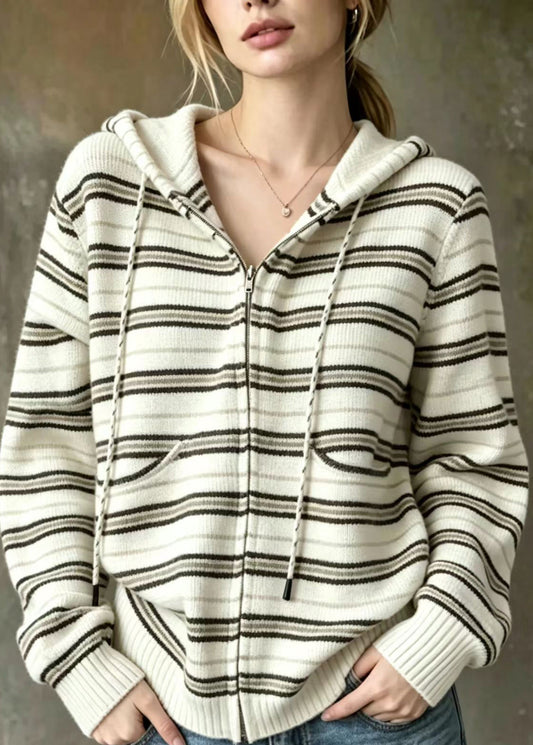 Loose Beige White Striped Hooded Drawstring Knit Cardigan Fall