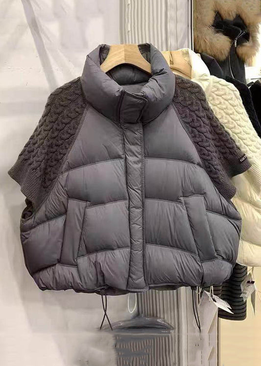 Loose Beige Zip Up Drawstring Knit Patchwork Duck Down Down Coats