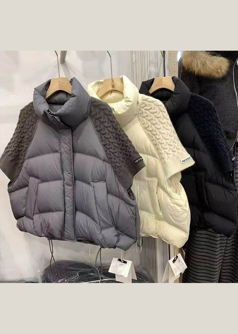 Loose Beige Zip Up Drawstring Knit Patchwork Duck Down Down Coats