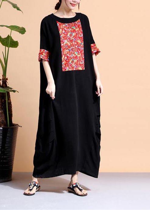 Loose Black Dresses O Neck Patchwork Cotton Robes Dress - SooLinen