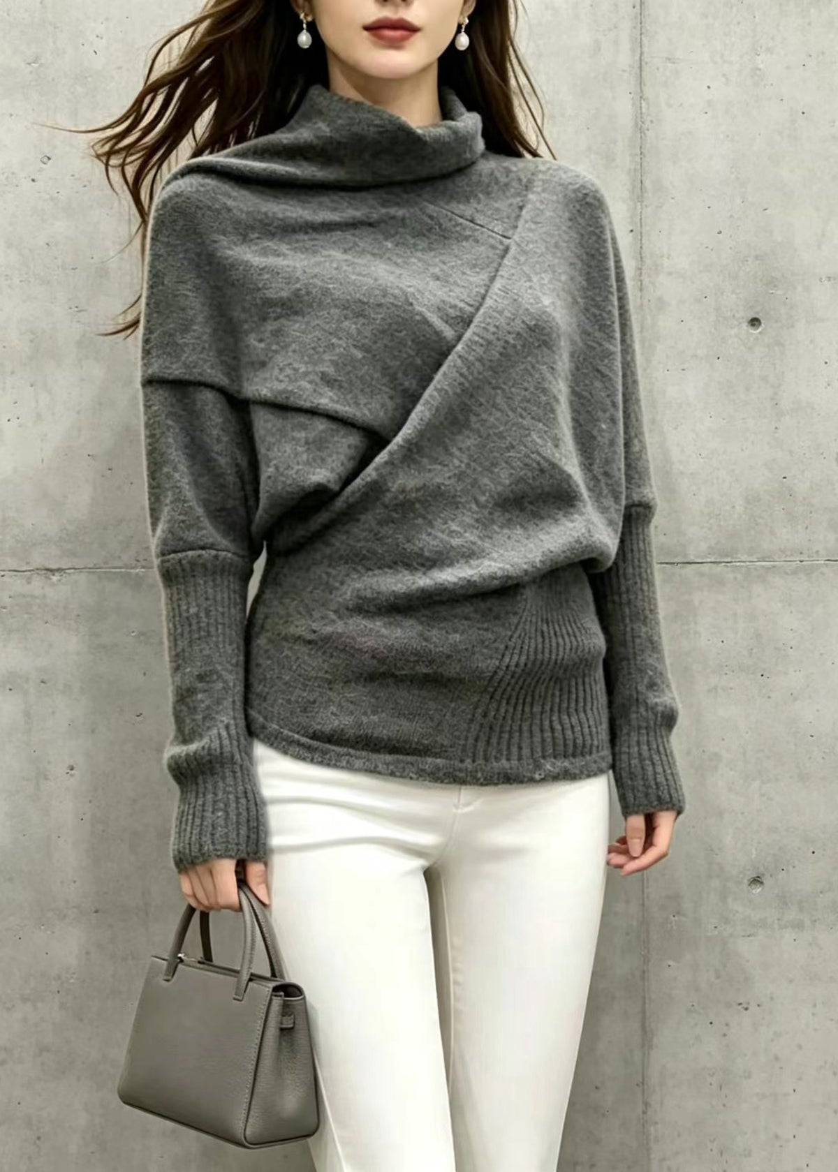 Loose Black Grey Turtleneck Asymmetrical Knit Top Batwing Sleeve