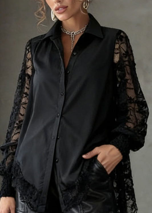 Loose Black Hollow Out Shirts And Faux Leather Shorts Lace Patchwork Two Pieces Set Spring