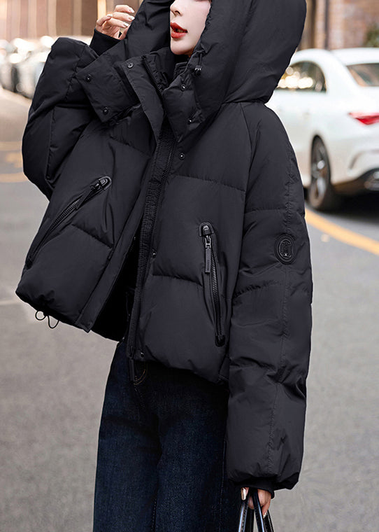 Loose Black Hooded Duck Down Puffer Coat Winter