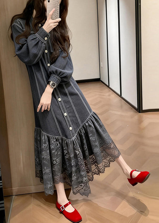 Loose Black Lace Patchwork Denim Vacation Dresses Spring